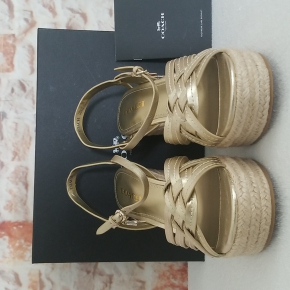 New Coach Dottie Metallic Tumbled Platinum Wedge Sandals - Picture 2 of 10